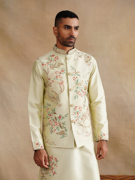 Off White Zardozi and Thread Embroidered Waist Coat Kurta Set on Silk