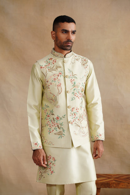 Light Green Waistcoat Kurta Set with Botanical Floral & Bird Embroidery