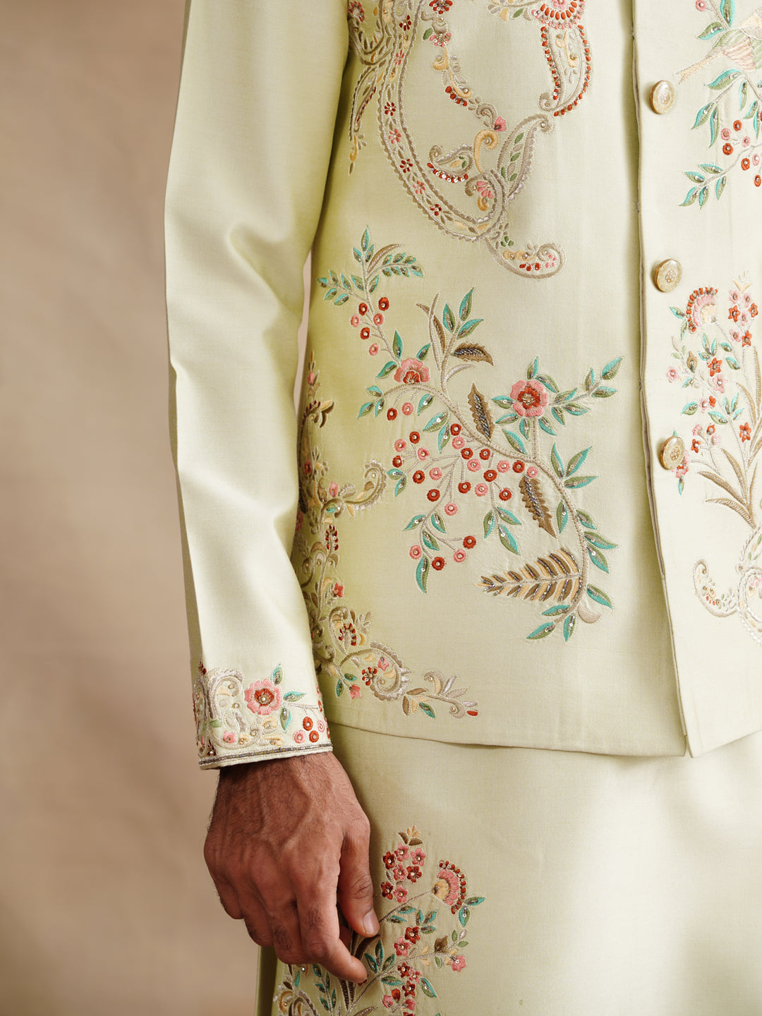 Off White Zardozi and Thread Embroidered Waist Coat Kurta Set on Silk