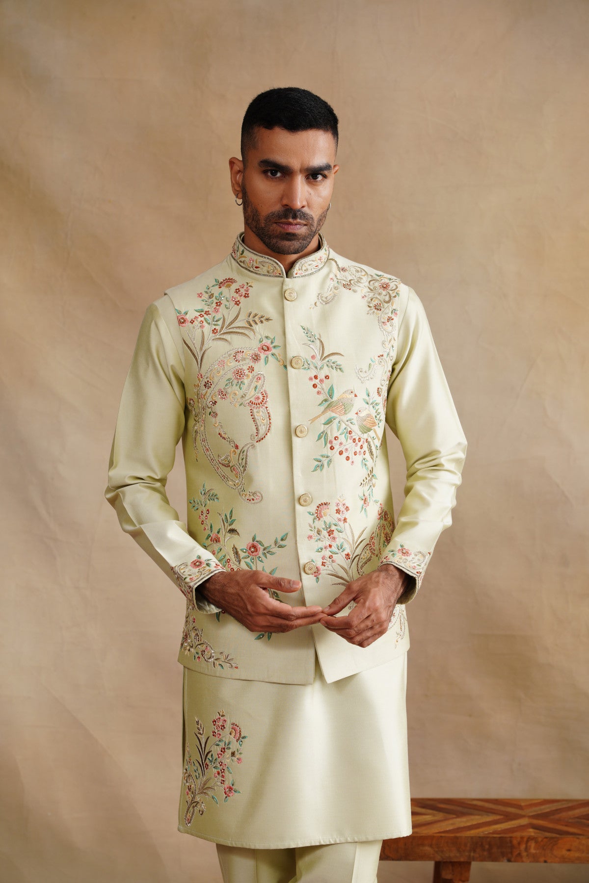 Light Green Waistcoat Kurta Set with Botanical Floral & Bird Embroidery