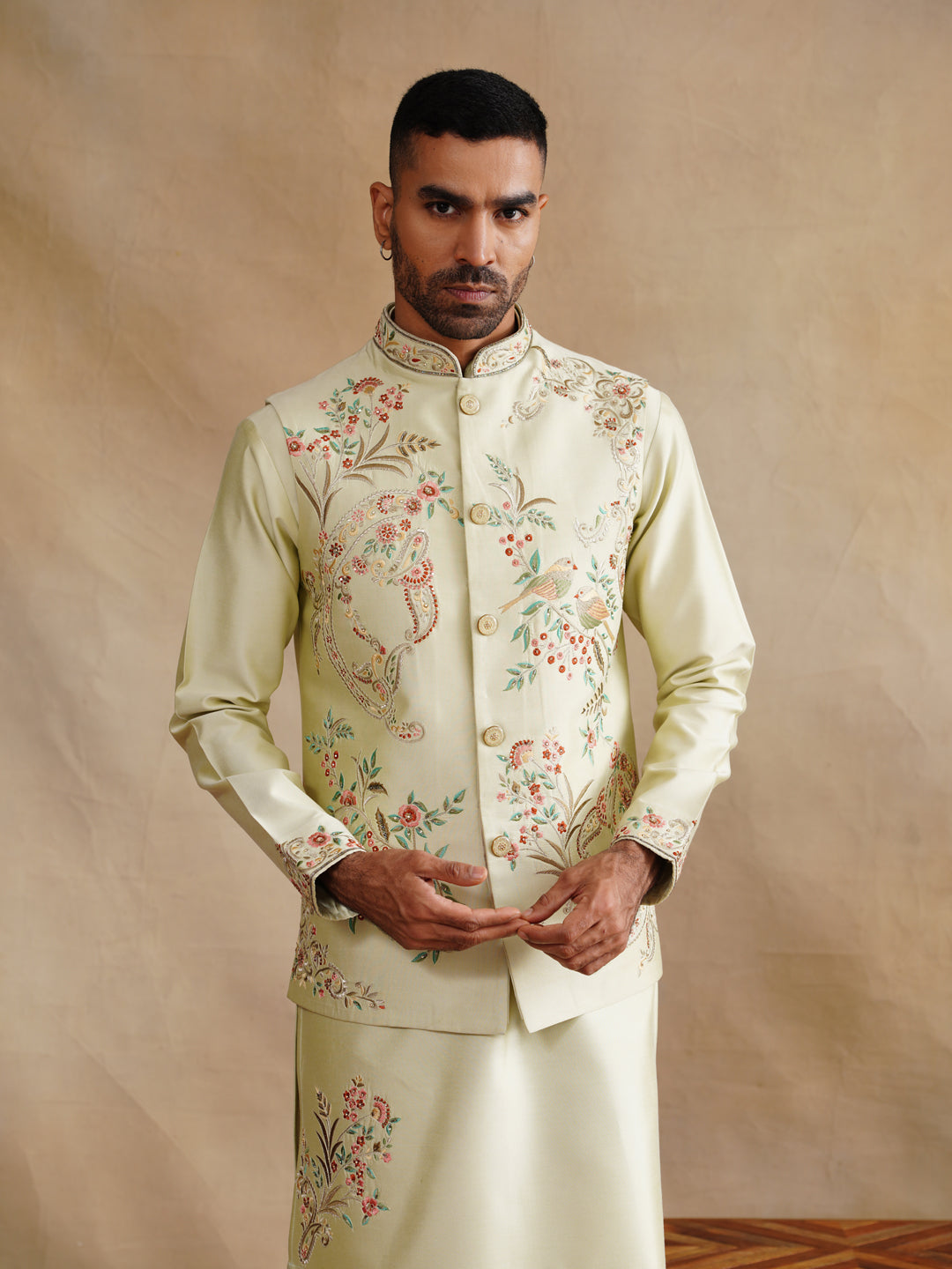 Off White Zardozi and Thread Embroidered Waist Coat Kurta Set on Silk