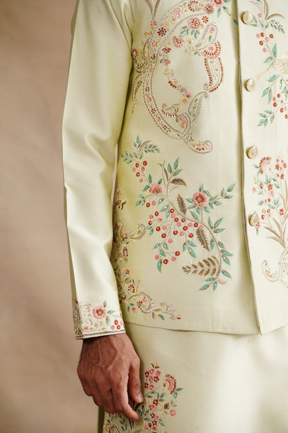 Light Green Waistcoat Kurta Set with Botanical Floral & Bird Embroidery