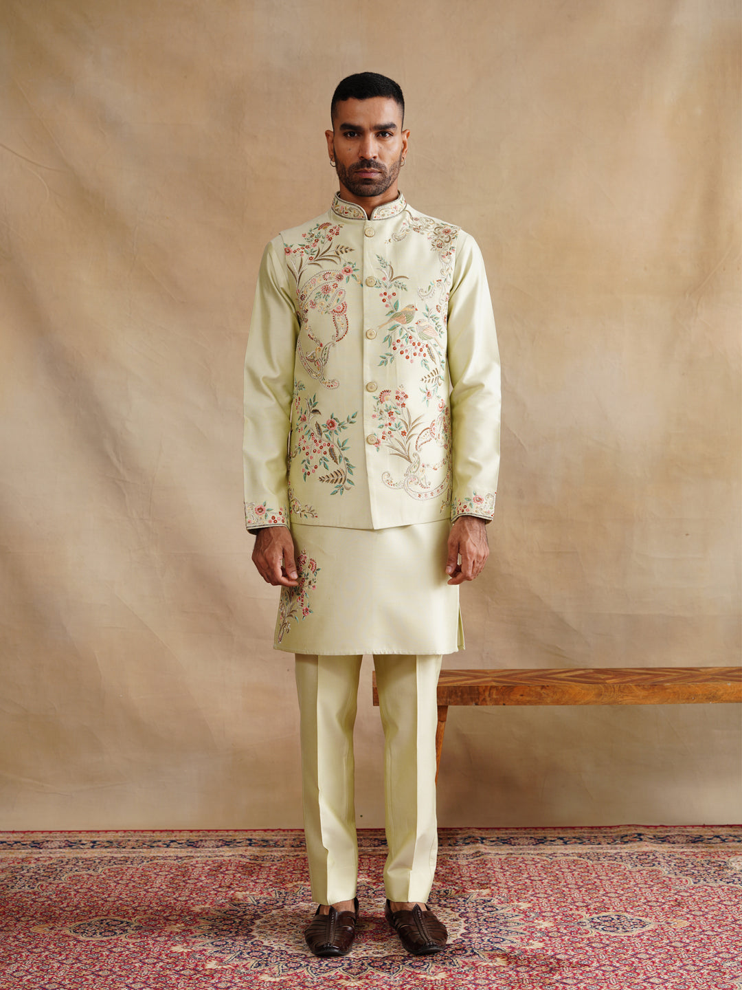 Off White Zardozi and Thread Embroidered Waist Coat Kurta Set on Silk