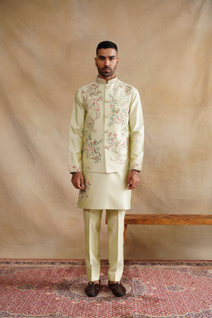 Light Green Waistcoat Kurta Set with Botanical Floral & Bird Embroidery