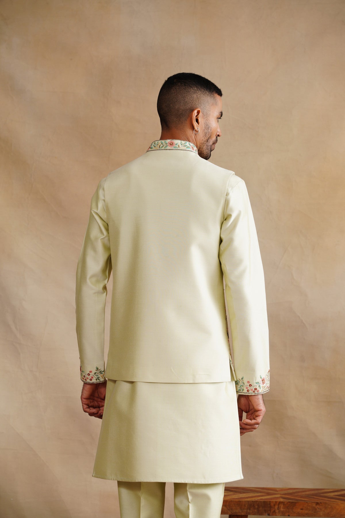 Light Green Waistcoat Kurta Set with Botanical Floral & Bird Embroidery