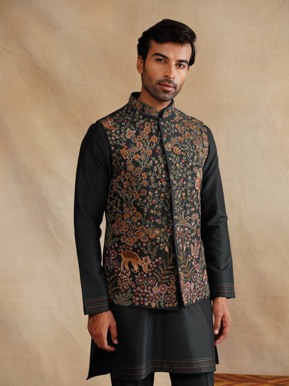 Black Zardozi and Thread Embroidered Waist Coat Kurta Set on Silk