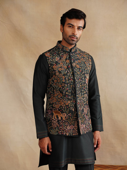 Black Zardozi and Thread Embroidered Waist Coat Kurta Set on Silk