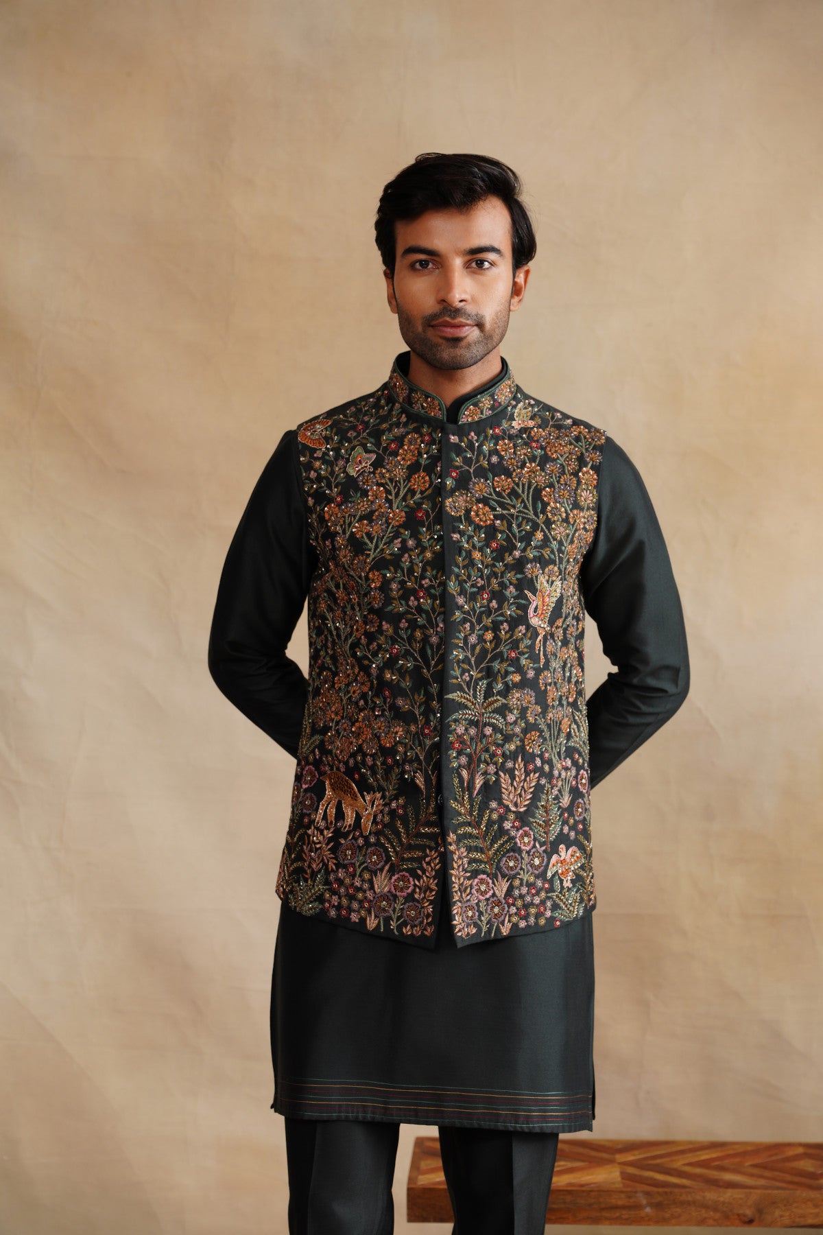 Dark Forest Green Waistcoat Kurta Set with Intricate Woodland Embroidery