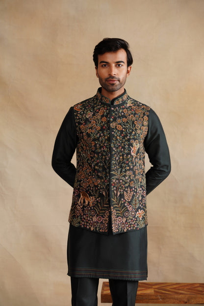 Dark Forest Green Waistcoat Kurta Set with Intricate Woodland Embroidery