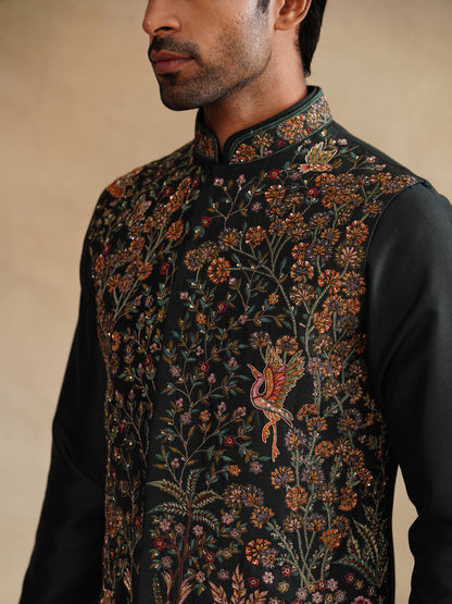 Black Zardozi and Thread Embroidered Waist Coat Kurta Set on Silk