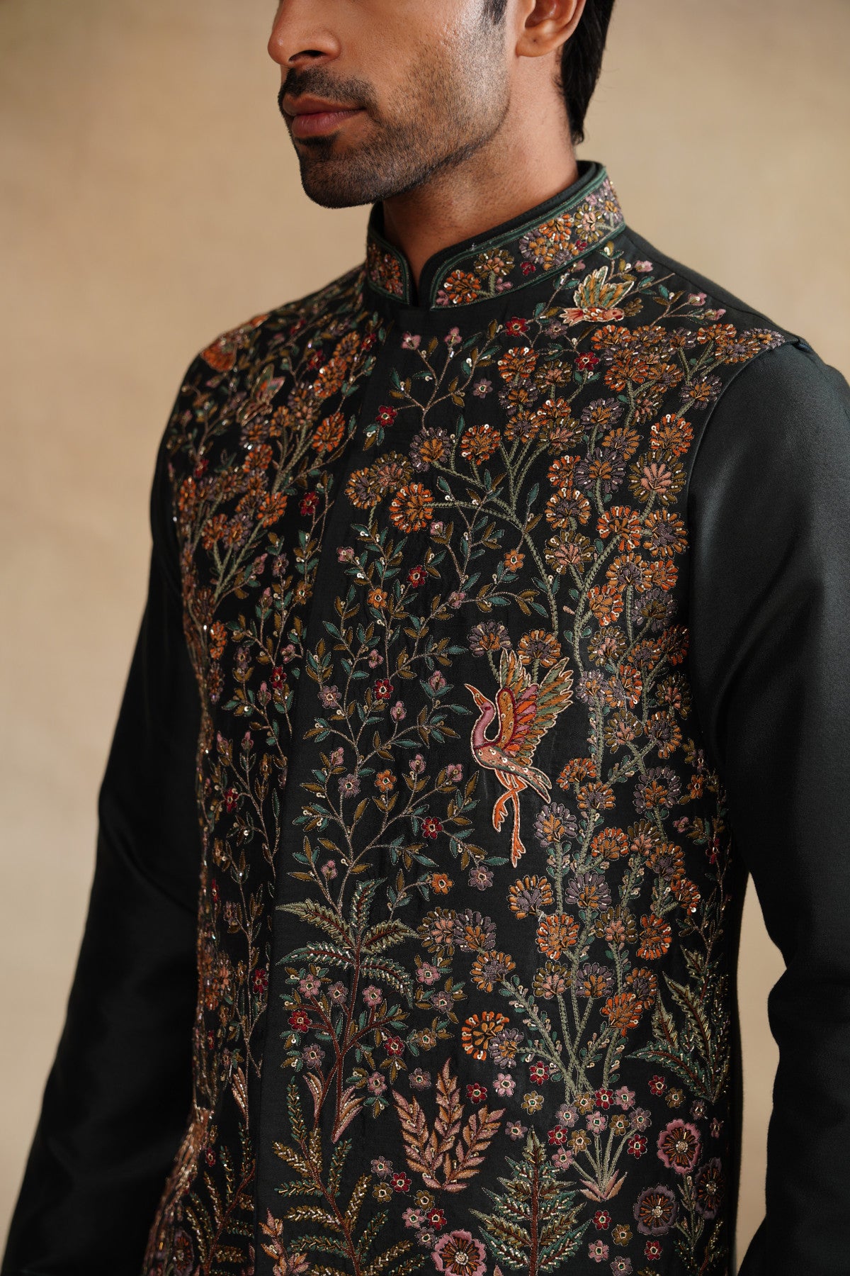 Dark Forest Green Waistcoat Kurta Set with Intricate Woodland Embroidery