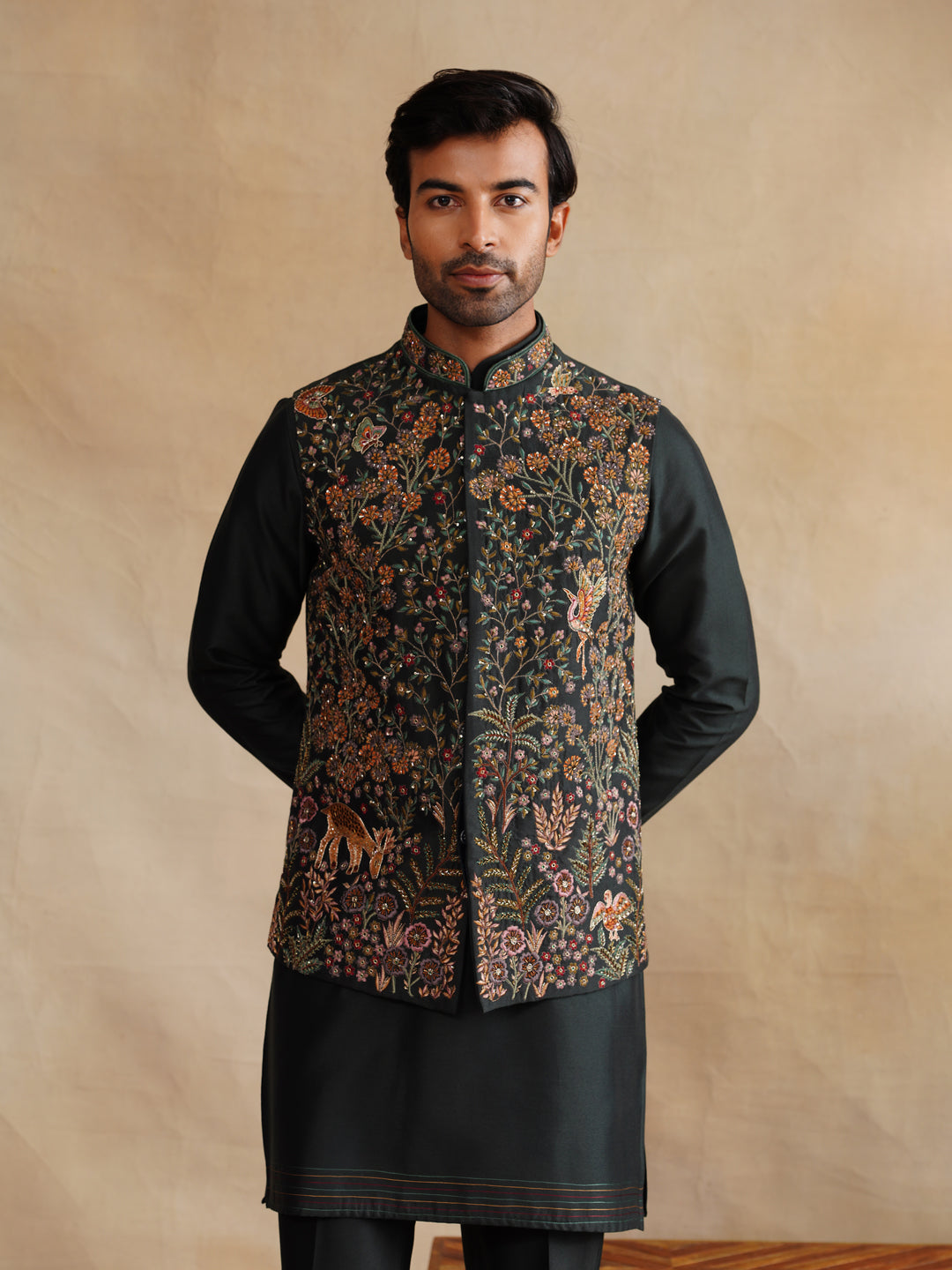 Black Zardozi and Thread Embroidered Waist Coat Kurta Set on Silk