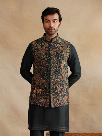 Black Zardozi and Thread Embroidered Waist Coat Kurta Set on Silk