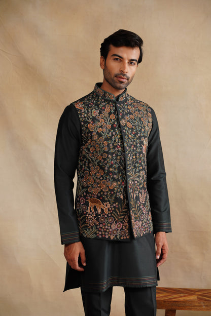 Dark Forest Green Waistcoat Kurta Set with Intricate Woodland Embroidery
