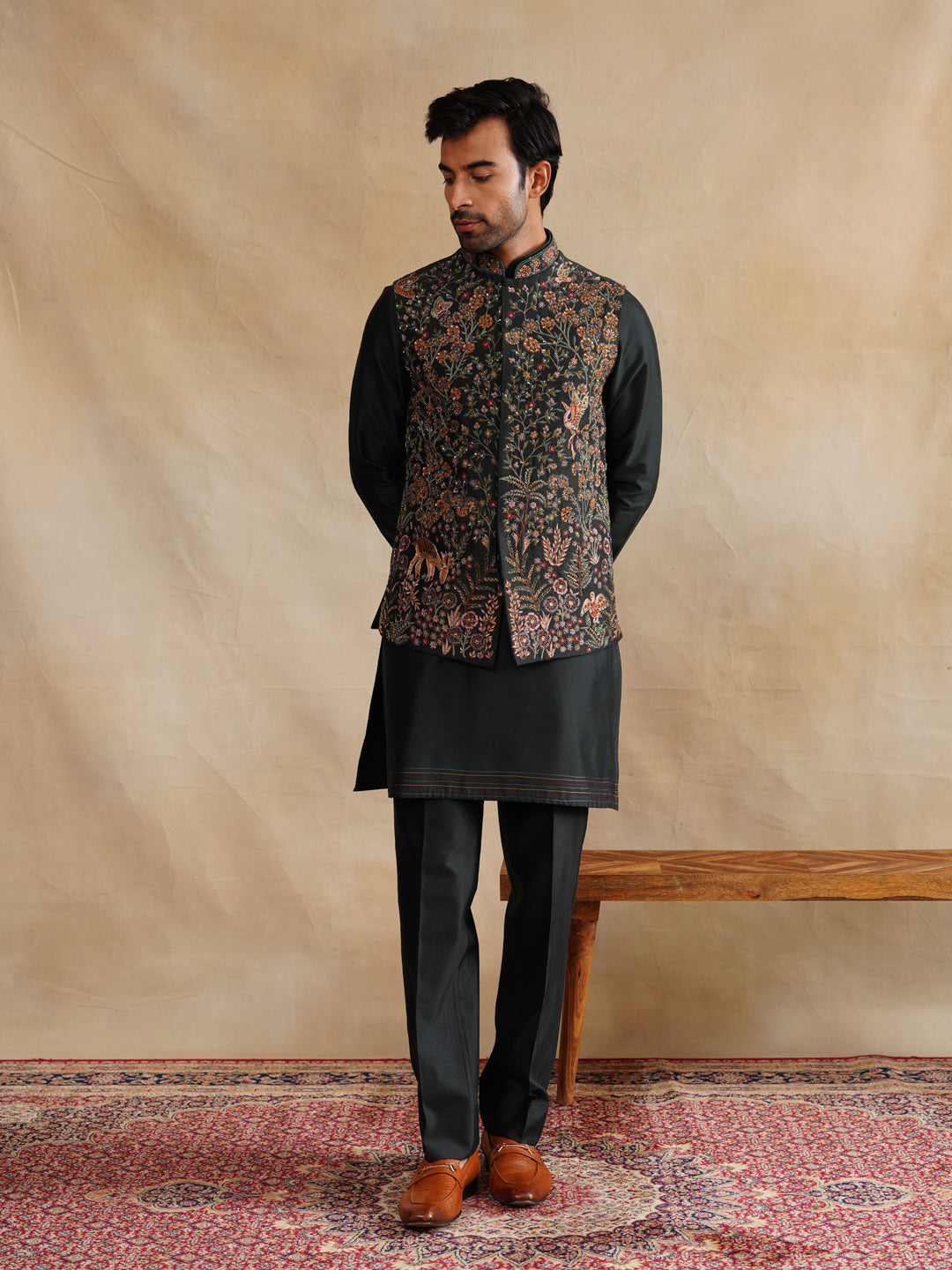 Black Zardozi and Thread Embroidered Waist Coat Kurta Set on Silk