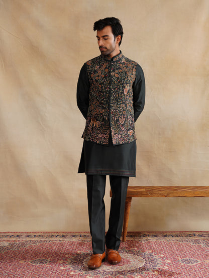 Black Zardozi and Thread Embroidered Waist Coat Kurta Set on Silk