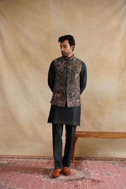 Dark Forest Green Waistcoat Kurta Set with Intricate Woodland Embroidery