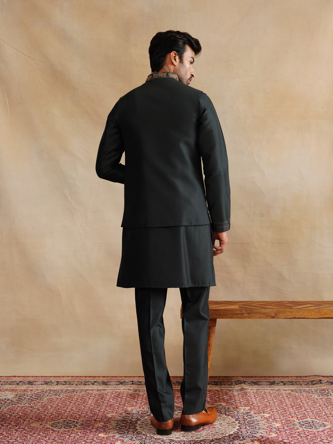 Black Zardozi and Thread Embroidered Waist Coat Kurta Set on Silk