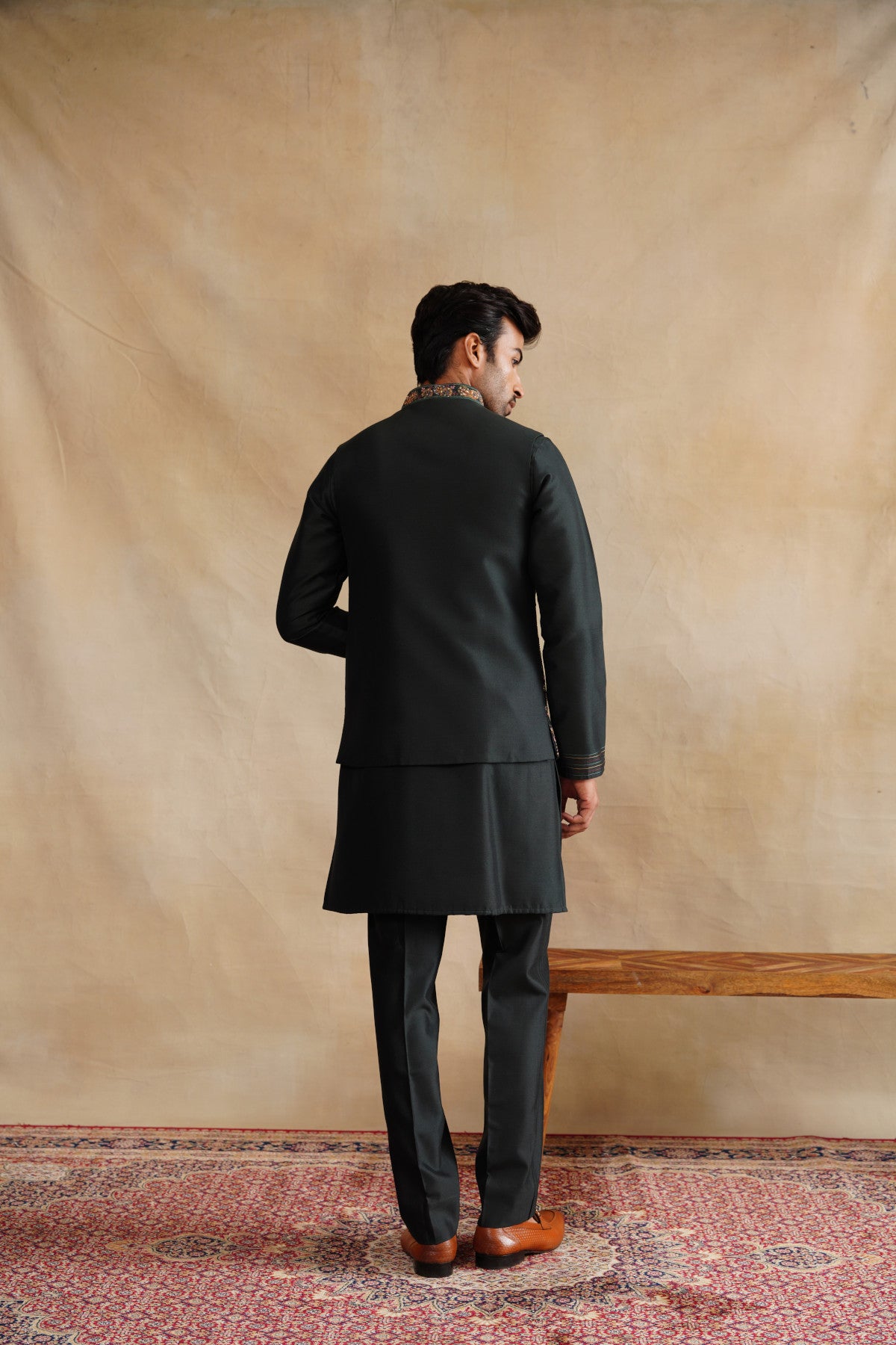 Dark Forest Green Waistcoat Kurta Set with Intricate Woodland Embroidery