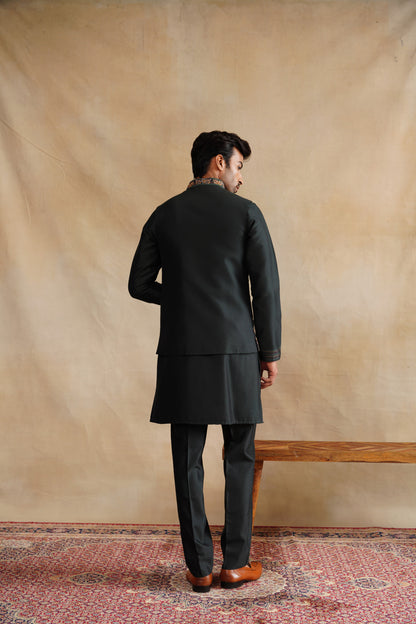 Dark Forest Green Waistcoat Kurta Set with Intricate Woodland Embroidery