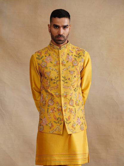 Mustard Zardozi and Thread Embroidered Waist Coat Kurta Set on Silk