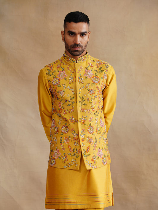 Mustard Zardozi and Thread Embroidered Waist Coat Kurta Set on Silk