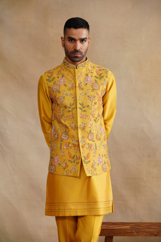 Mustard Zardozi and Thread Embroidered Waist Coat Kurta Set on Silk