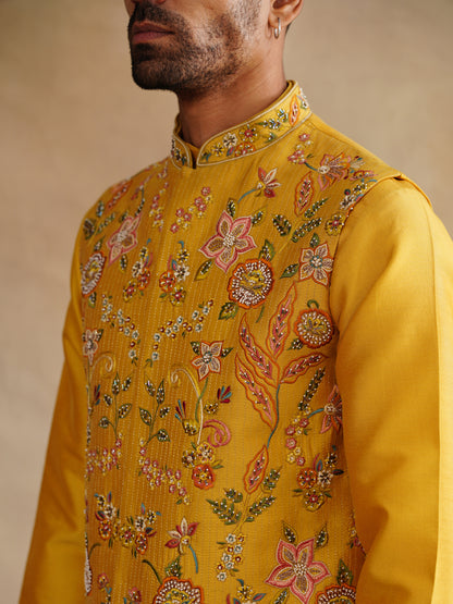 Mustard Zardozi and Thread Embroidered Waist Coat Kurta Set on Silk