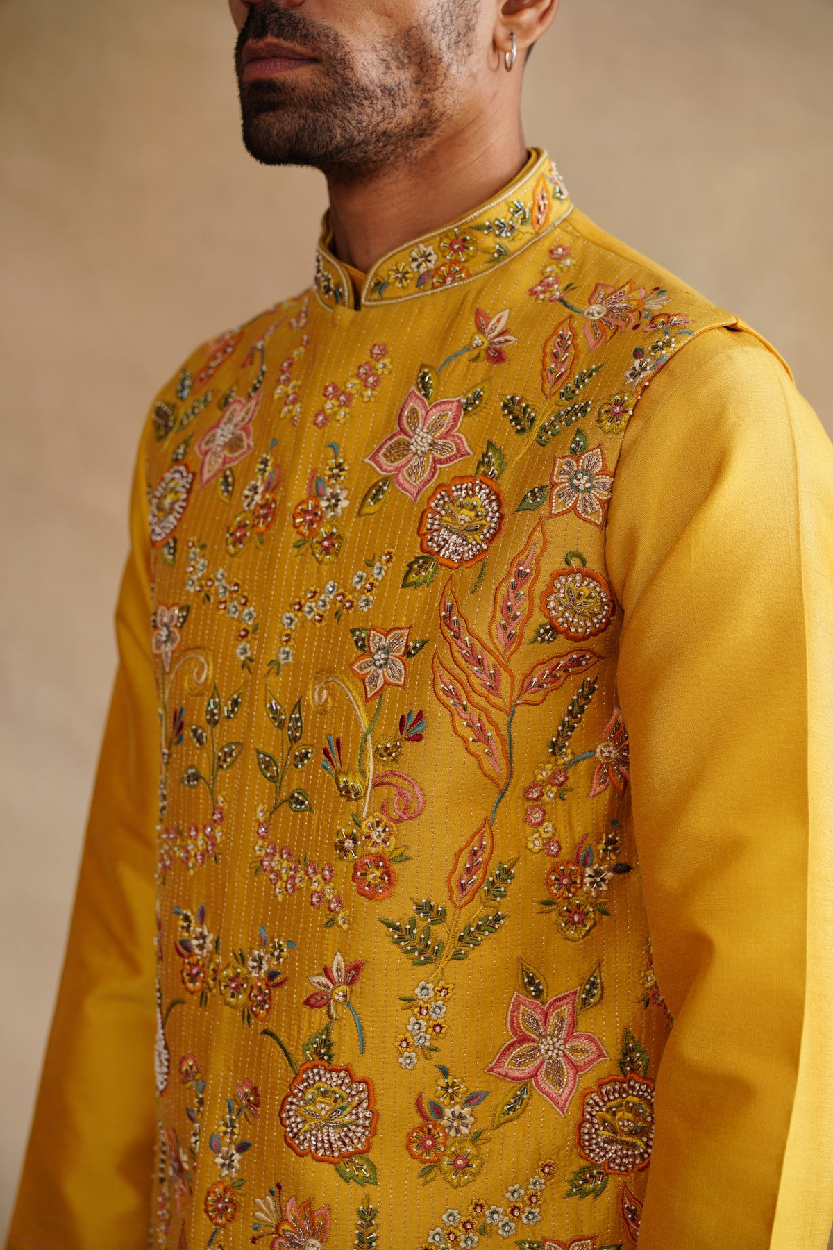 Mustard Waistcoat Kurta Set with Intricate Floral Embroidery