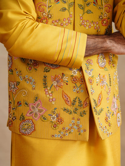 Mustard Zardozi and Thread Embroidered Waist Coat Kurta Set on Silk
