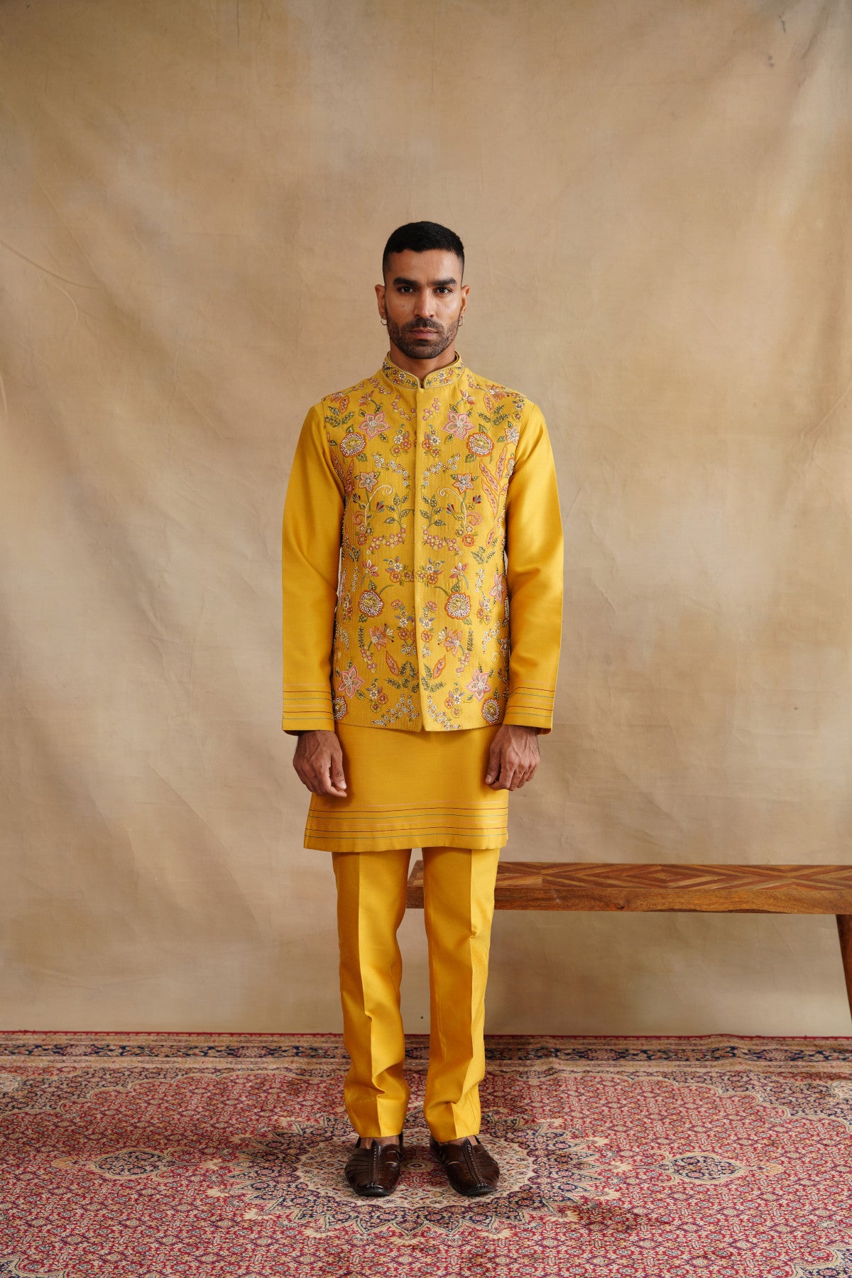 Mustard Waistcoat Kurta Set with Intricate Floral Embroidery