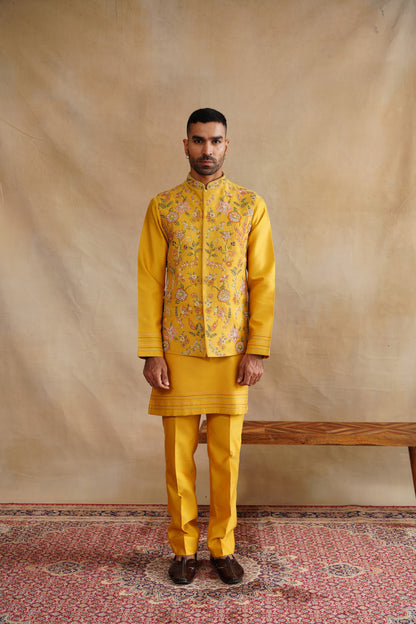 Mustard Waistcoat Kurta Set with Intricate Floral Embroidery