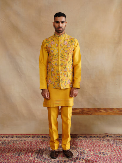 Mustard Zardozi and Thread Embroidered Waist Coat Kurta Set on Silk