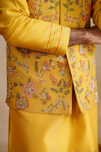 Mustard Waistcoat Kurta Set with Intricate Floral Embroidery