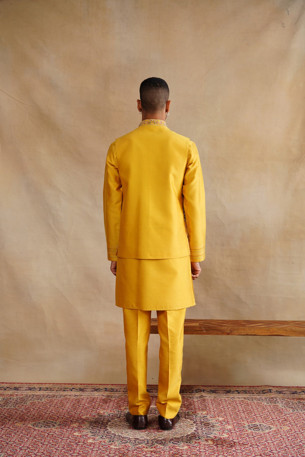 Mustard Waistcoat Kurta Set with Intricate Floral Embroidery