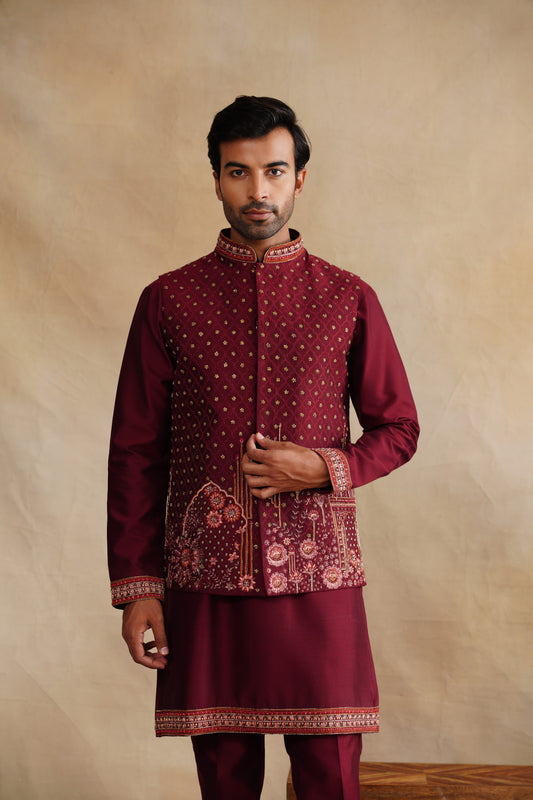 Maroon Zardosi and Thread Embroidered Waist Coat Kurta Set on Silk