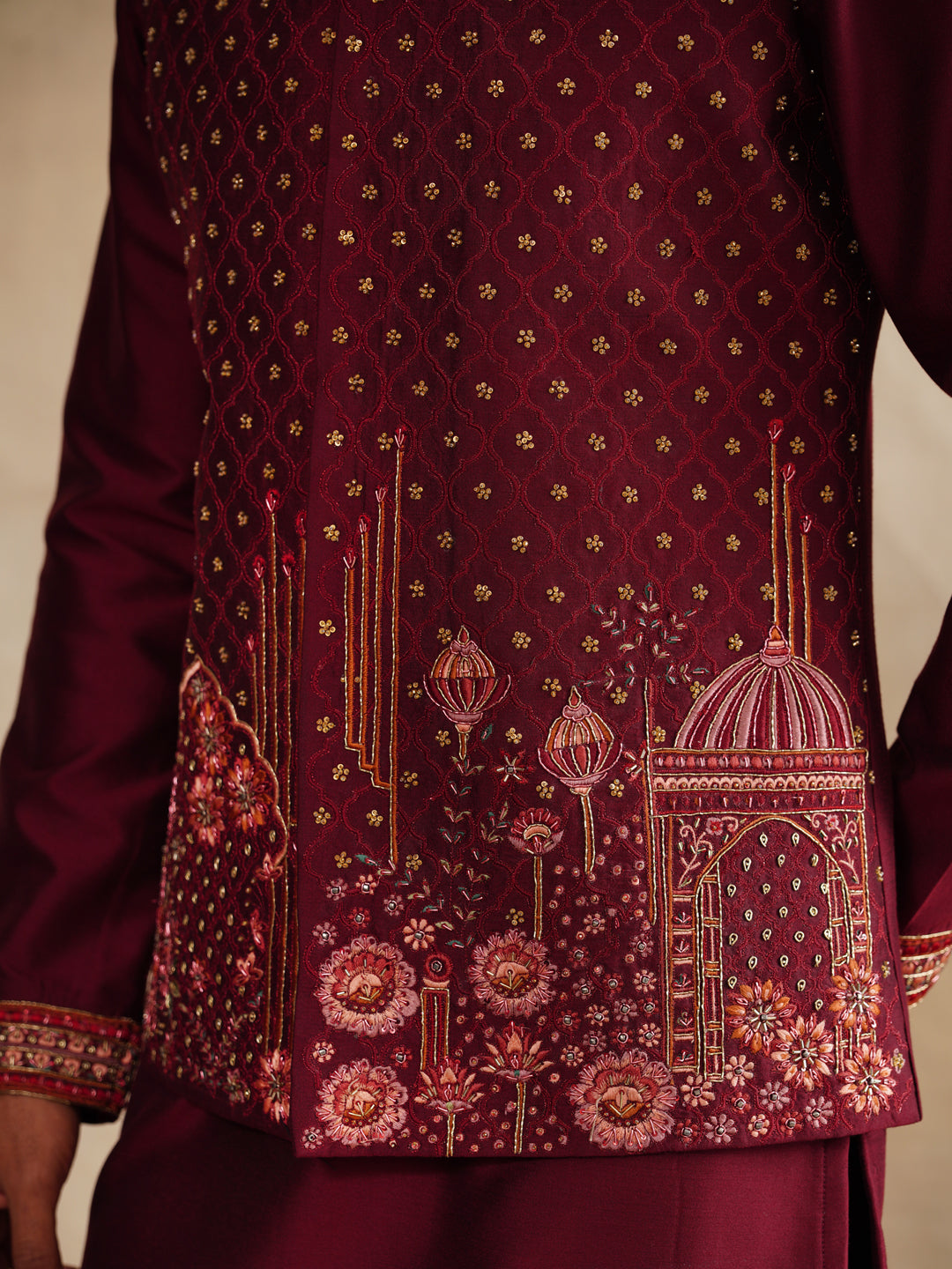 Maroon Zardosi and Thread Embroidered Waist Coat Kurta Set on Silk