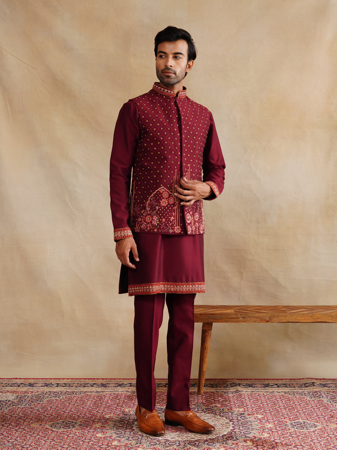 Maroon Zardosi and Thread Embroidered Waist Coat Kurta Set on Silk