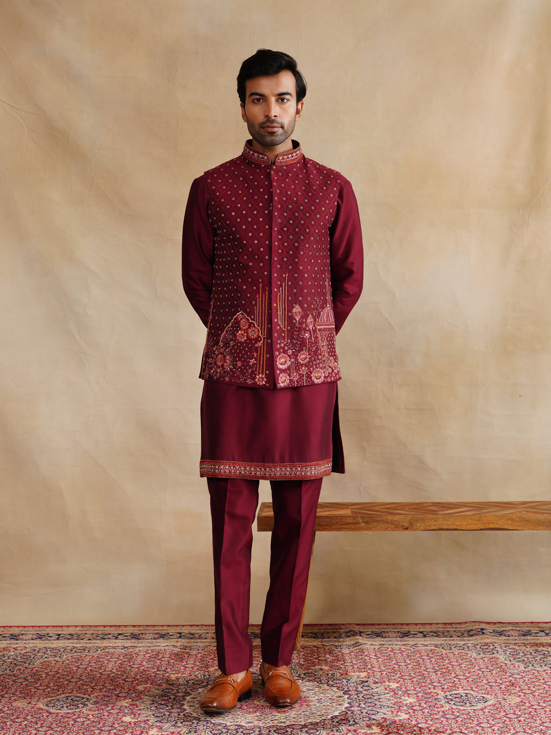 Maroon Zardosi and Thread Embroidered Waist Coat Kurta Set on Silk