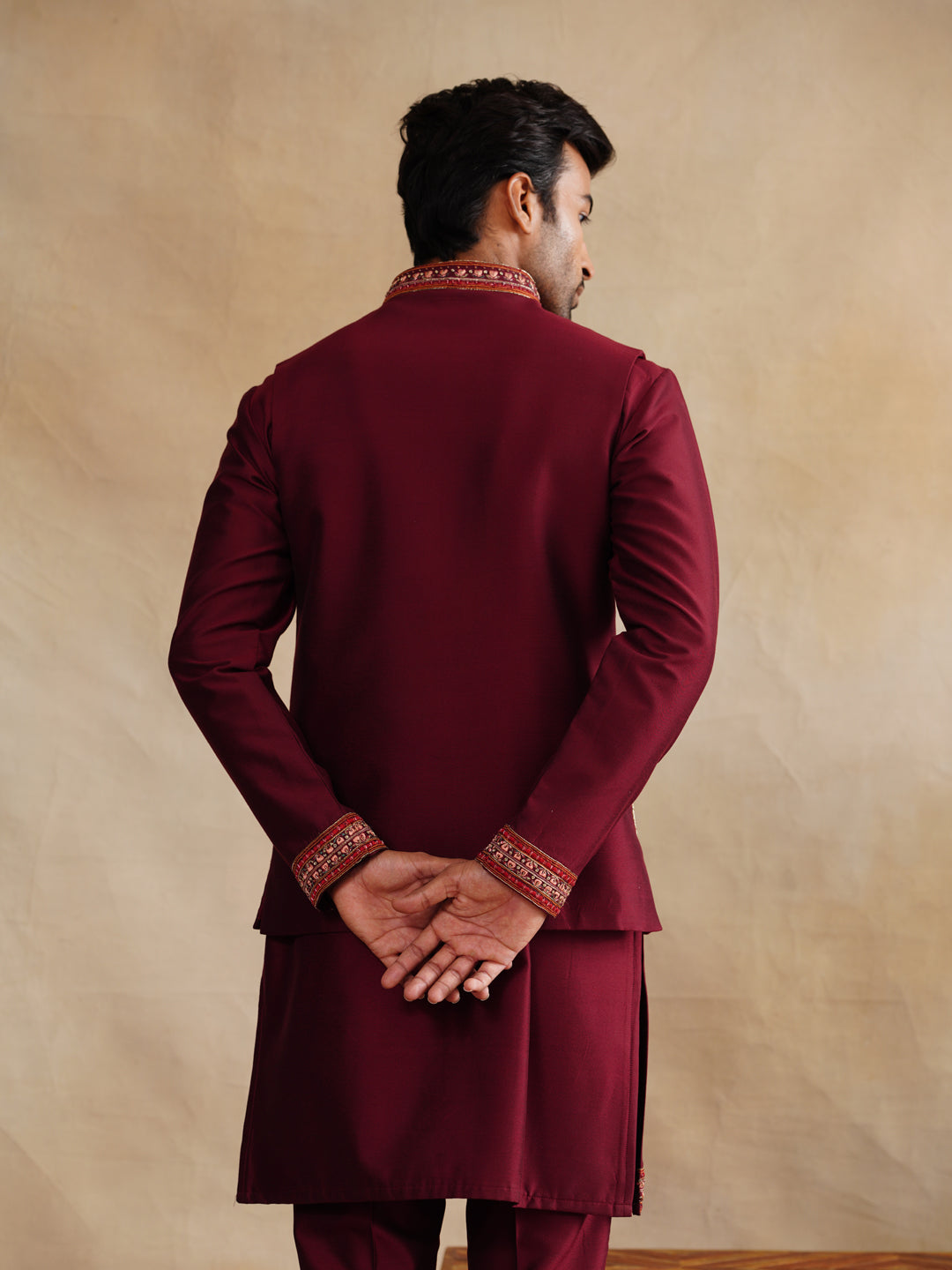 Maroon Zardosi and Thread Embroidered Waist Coat Kurta Set on Silk