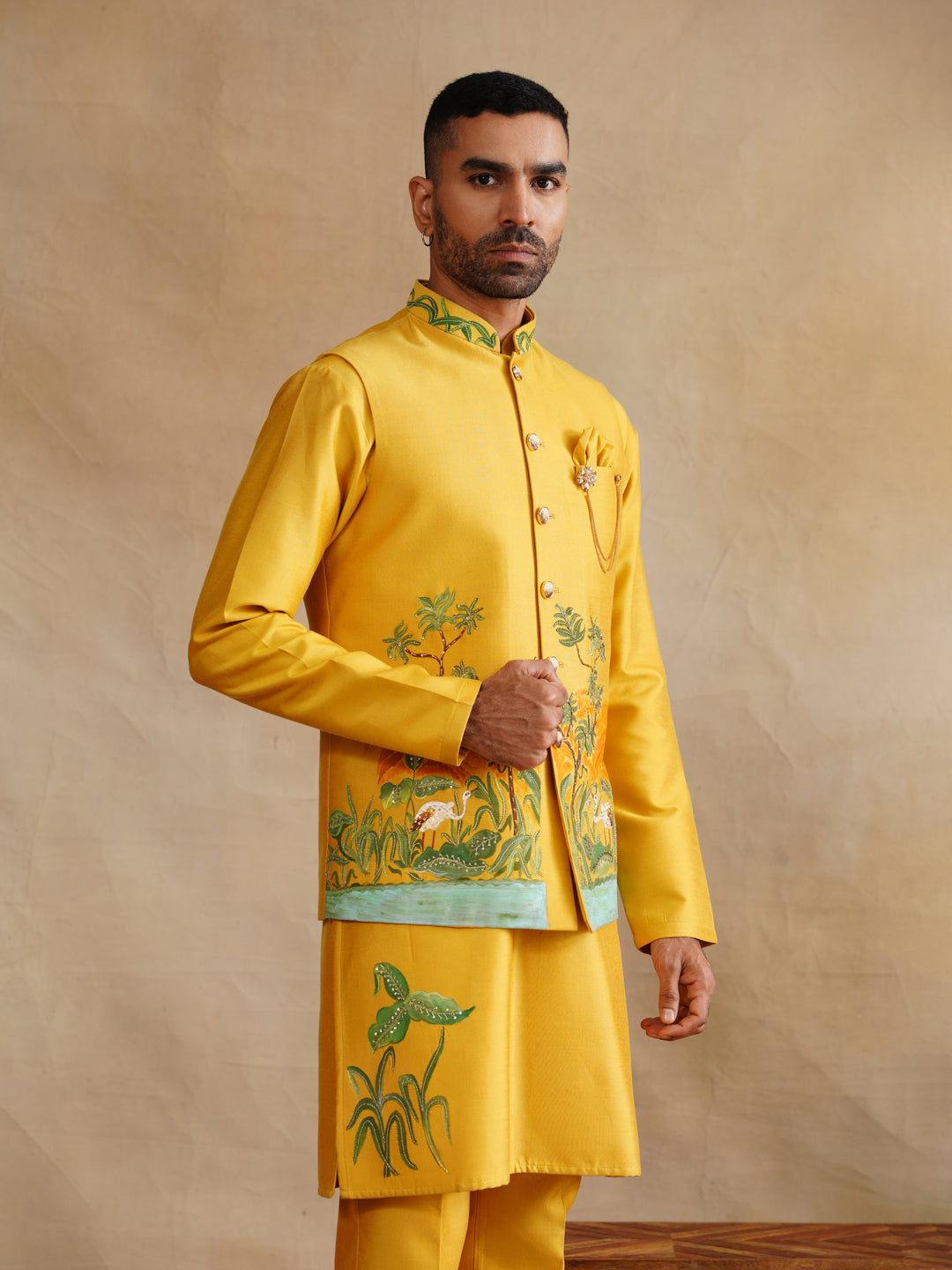 Mustard Hand Painted with Cut Dana and Sequins Waist Coat Kurta Set on silk