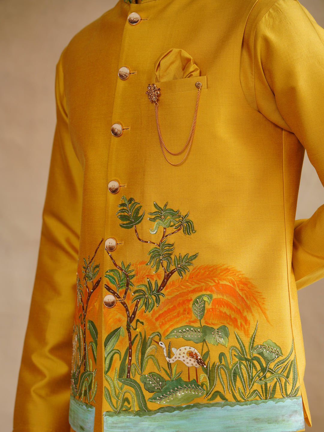 Mustard Hand Painted with Cut Dana and Sequins Waist Coat Kurta Set on silk