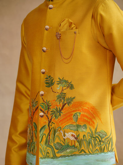 Mustard Waistcoat Kurta Set with Botanical Landscape Embroidery