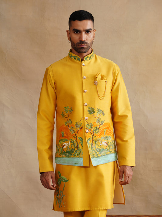 Mustard Hand Painted with Cut Dana and Sequins Waist Coat Kurta Set on silk