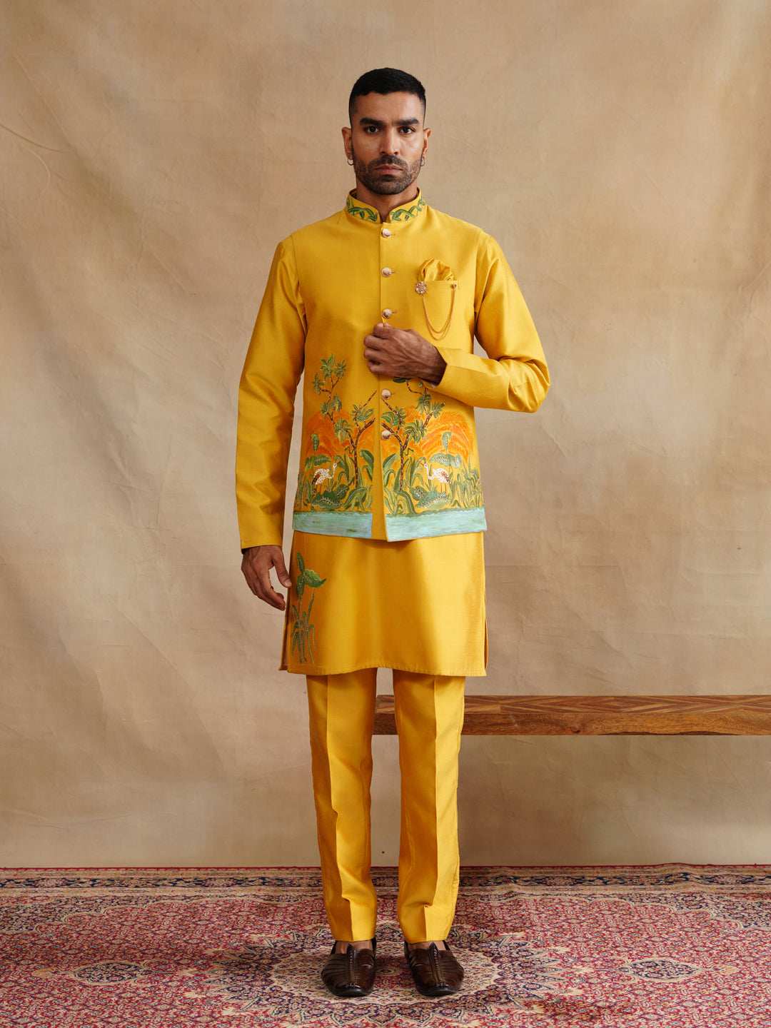 Mustard Hand Painted with Cut Dana and Sequins Waist Coat Kurta Set on silk