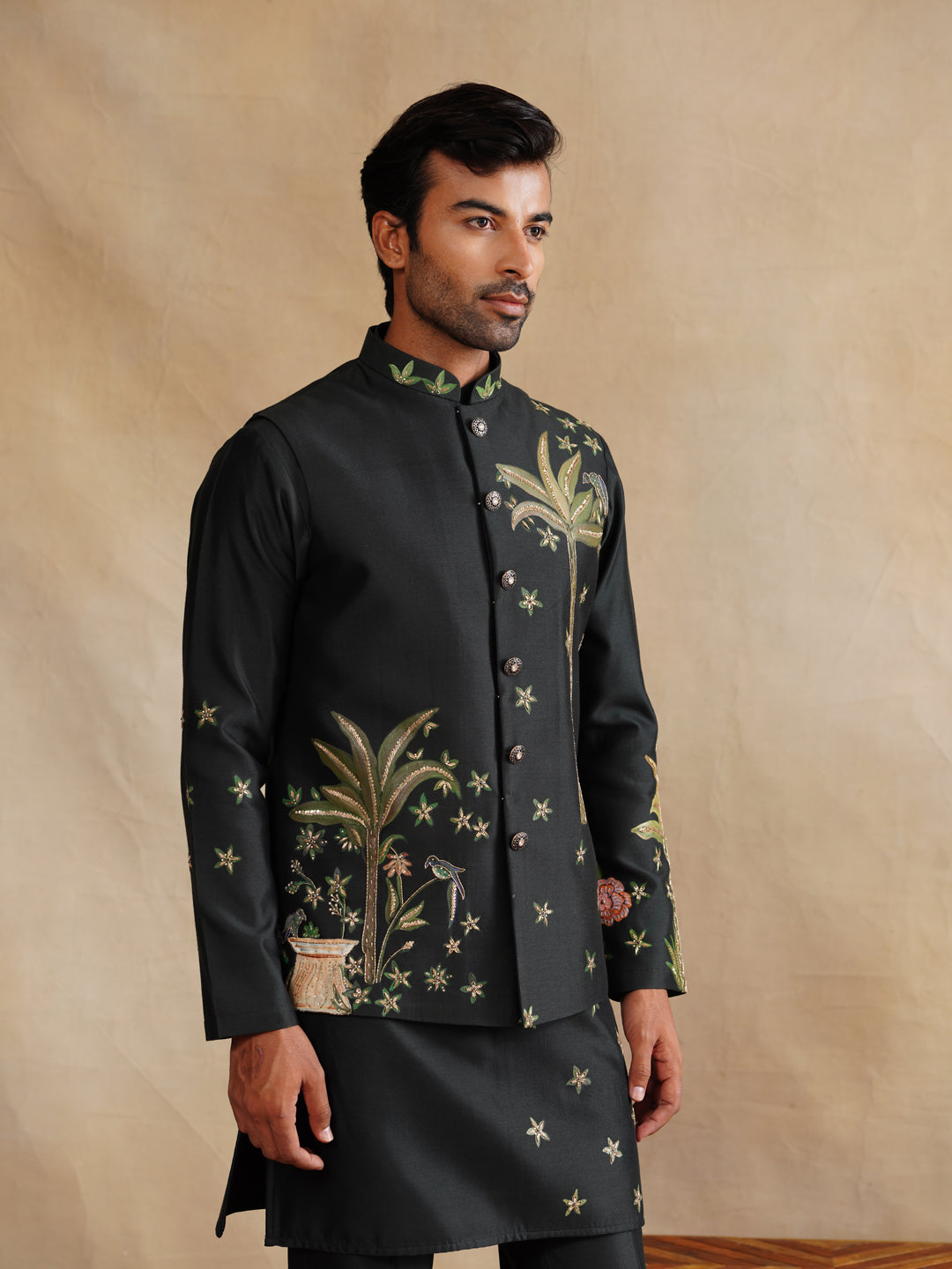 Mahendi Hand Painted with Cut Dana and Sequins Waist Coat Kurta Set on silk