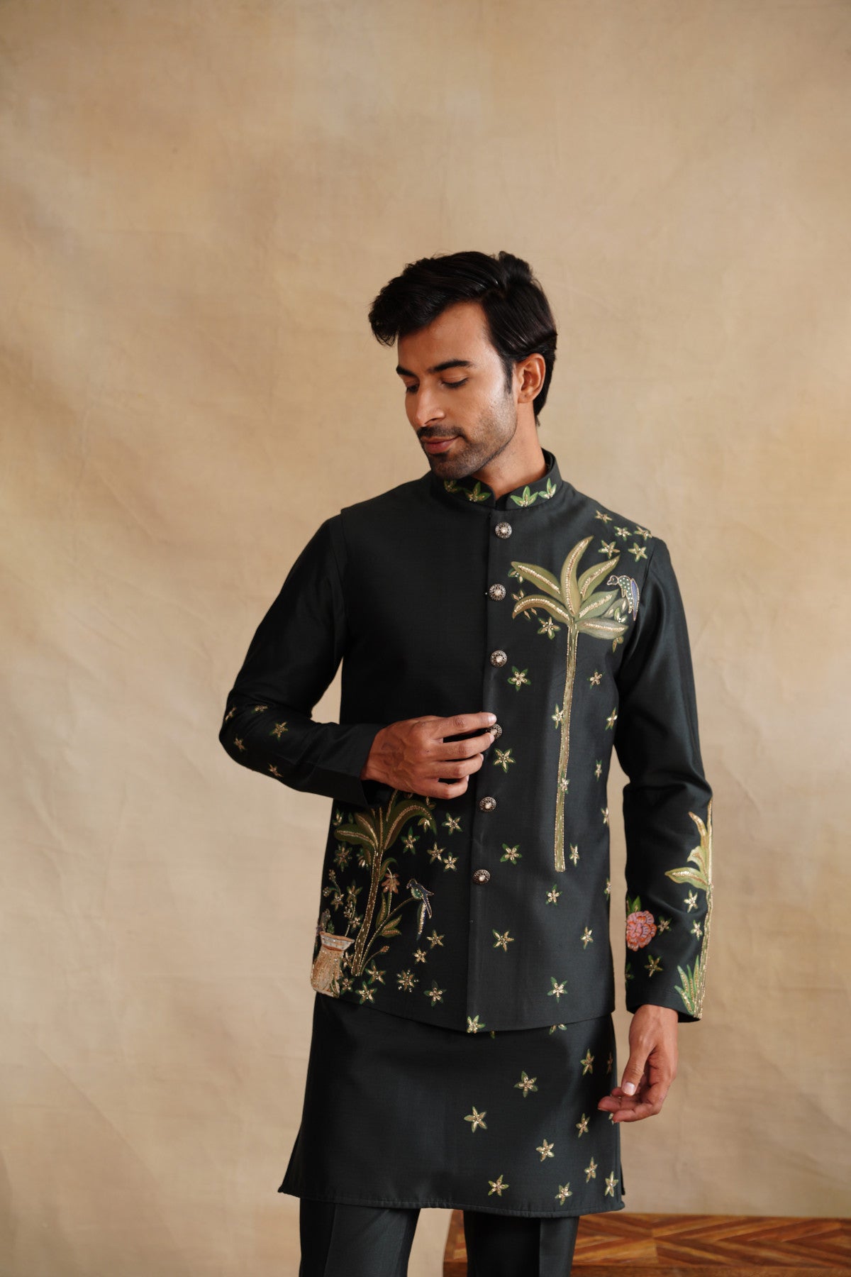Deep Forest Green Waistcoat Kurta Set with Palm Tree & Botanical Embroidery