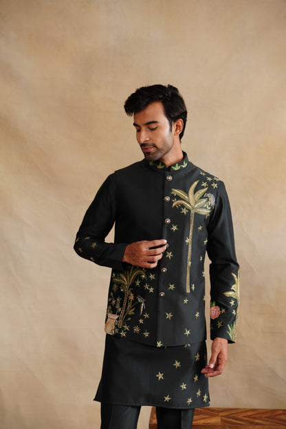Deep Forest Green Waistcoat Kurta Set with Palm Tree & Botanical Embroidery
