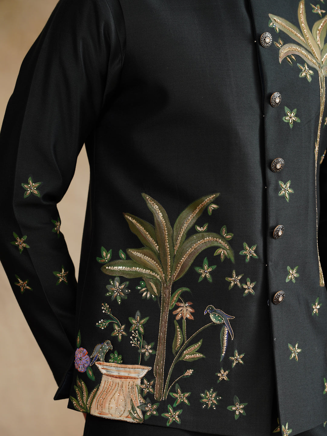 Mahendi Hand Painted with Cut Dana and Sequins Waist Coat Kurta Set on silk