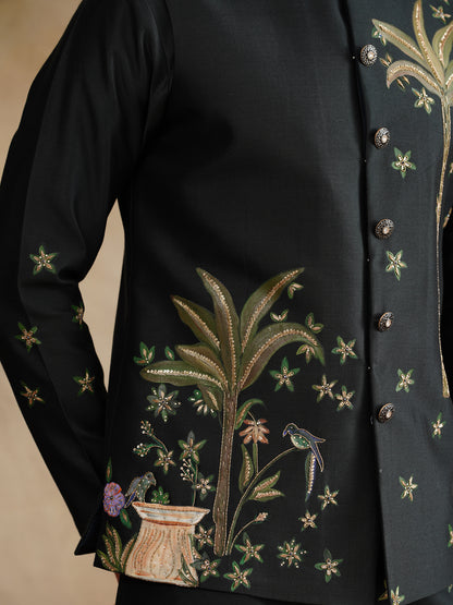 Mahendi Hand Painted with Cut Dana and Sequins Waist Coat Kurta Set on silk